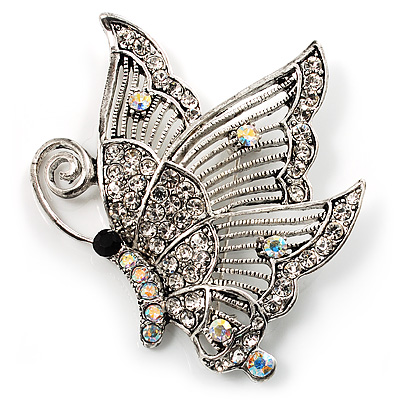Crystal Filigree Butterfly Brooch (Silver Tone)
