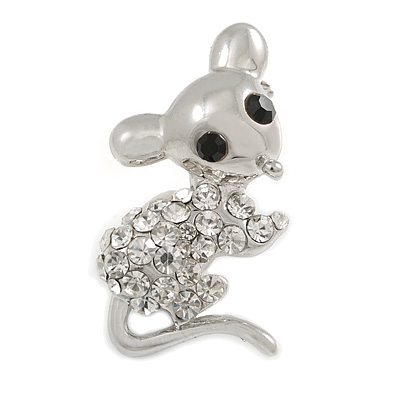 Little Mouse Crystal Brooch (Silver Tone)