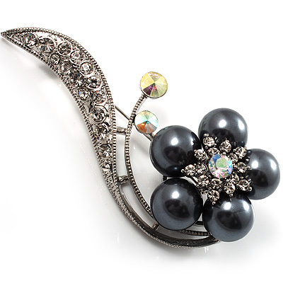 Oversized Stunning Flower Imitation Pearl Crystal Pin Brooch (Silver&Black)