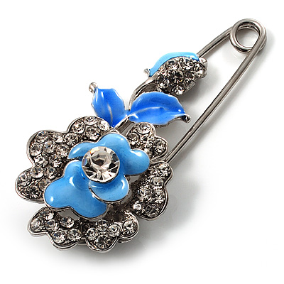 Silver Tone Crystal Rose Safety Pin Brooch (Light Blue)