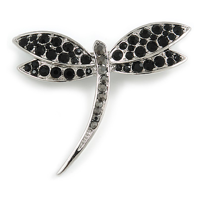 Classic Black Crystal Dragonfly Brooch (Silver Tone) - main view