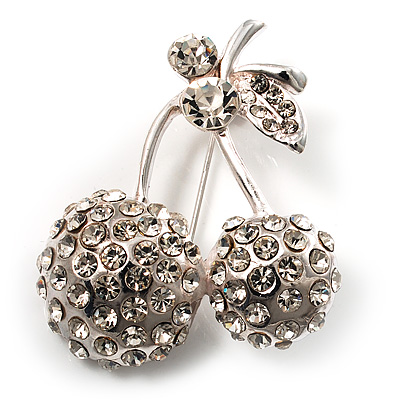 Clear Crystal Double Cherry Fashion Brooch (Silver Tone)