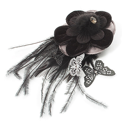 Black Feather Flower And Butterfly Fabric Hair Clip/ Brooch (Catwalk - 2014)