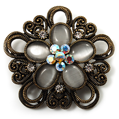 Vintage Filigree Diamante Floral Brooch (Bronze Tone)