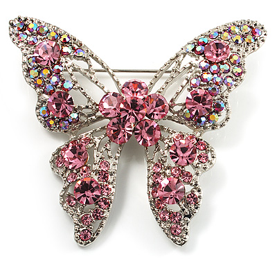 Dazzling Pink Swarovski Crystal Butterfly Brooch (Silver Tone) - main view