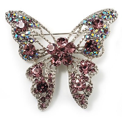 Dazzling Lilac Crystal Butterfly Brooch (Silver Tone)