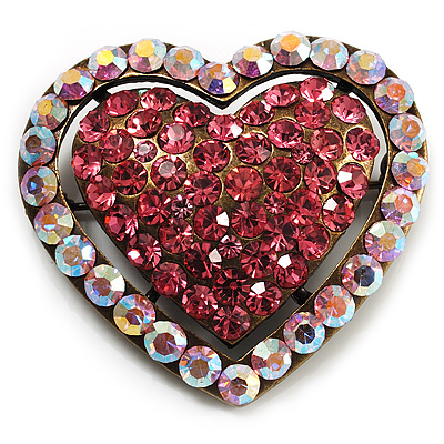 Bronze Tone Dazzling Diamante Heart Brooch (Pink)