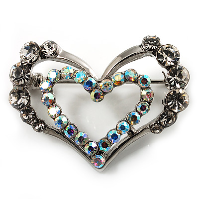 Tiny Open Crystal 'Heart in Heart' Brooch (Silver Tone)
