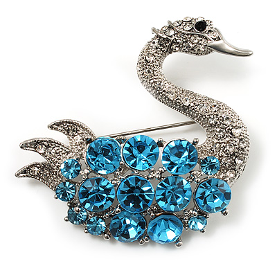 Rhodium Plated Diamante Swan Brooch (Sea Blue & Clear)