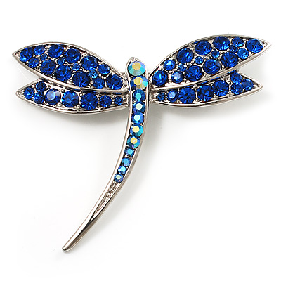 Classic Navy Blue Swarovski Crystal Dragonfly Brooch (Silver Tone)