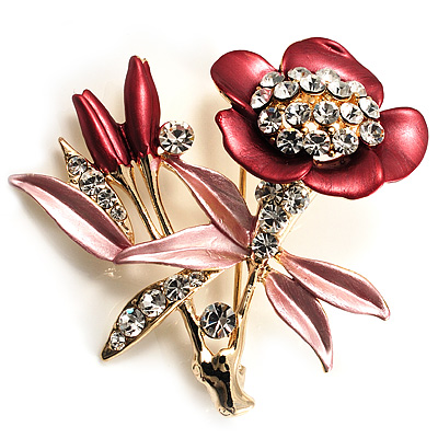 Red Pink Enamel Crystal Bunch Of Flowers Brooch (Gold Tone)