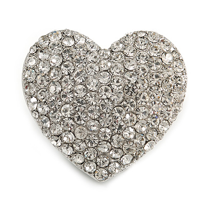 Clear Diamante Heart Brooch (Silver Tone) - 35mm Wide