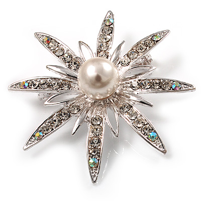 Bridal Crystal Simulated Pearl Star Brooch (Silver Tone)