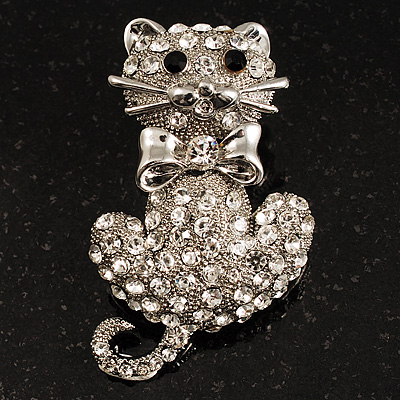 Diamante Cat With Bow Brooch (Silver Tone)