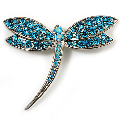 Classic Azure Blue Crystal Dragonfly Brooch in Silver Tone - 65mm - main view