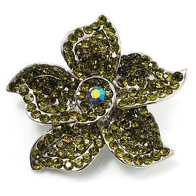 Small Olive Diamante Flower Brooch (Silver Tone)