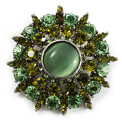 Olive Green Crystal Wreath Brooch (Silver Tone)