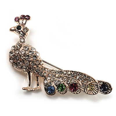 Multicoloured Crystal Peacock Brooch (Pink Gold Tone)