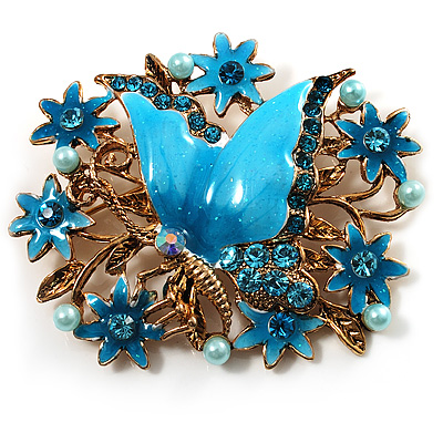 Aqua Blue Enamel Crystal Flower & Butterfly Brooch (Gold Tone)
