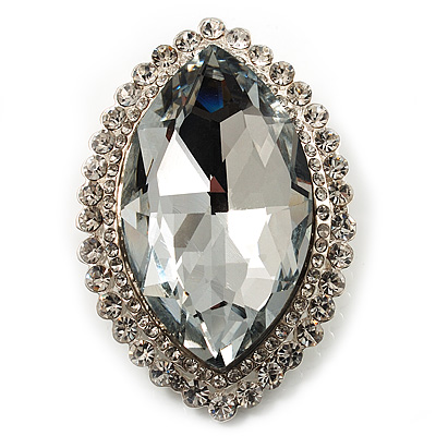 Statement Oval Shaped Clear Crystal Fashion Brooch (Silver Tone)