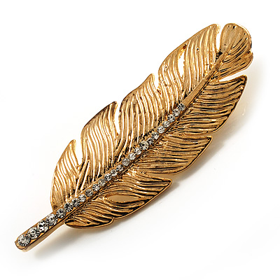 Gold Tone Clear Crystal Feather Brooch