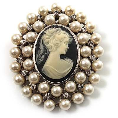 Simulated Pearl Crystal Cameo Brooch (Silver Tone)