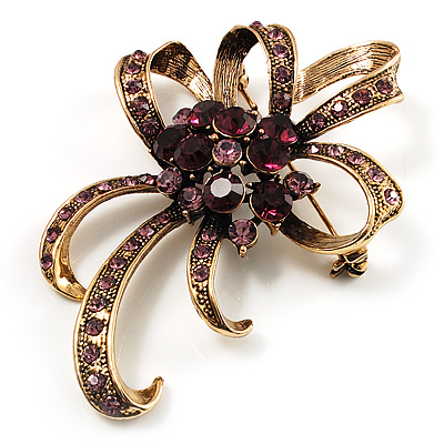 Purple Crystal Bow Corsage Brooch (Antique Gold Tone)