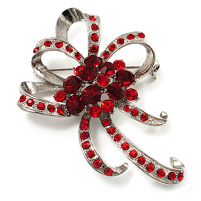 Hot Red Crystal Bow Corsage Brooch (Silver Tone)