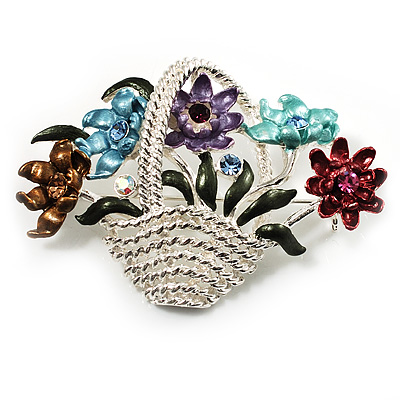 Fancy Enamel Multicoloured Flower Basket Brooch (Silver Tone)