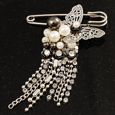 Stylish Butterfly, Crystal & Simulated Pearl Charm Pin Brooch (Silver Tone)