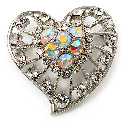 Silver Plated Crystal Filigree Heart Brooch