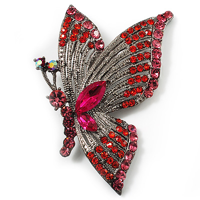 Exotic Magenta Diamante Butterfly Brooch (Gun Metal Finish) - main view