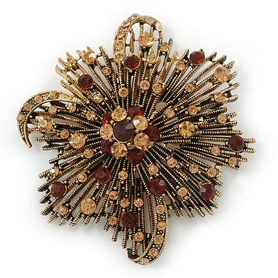 Vintage Asymmetrical Crystal Flower Brooch/ Pendant (Bronze Tone)