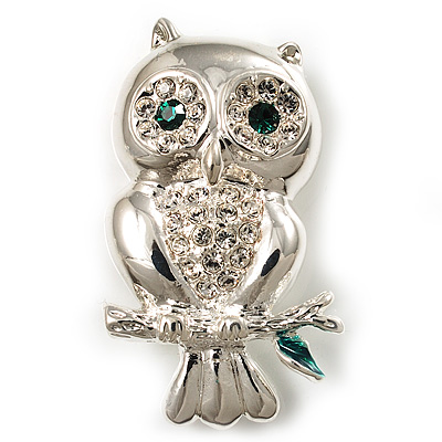 Silver Tone Crystal Owl Brooch