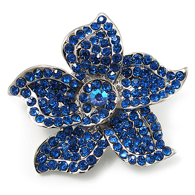 Small Sapphire Coloured Diamante Flower Brooch (Silver Tone)