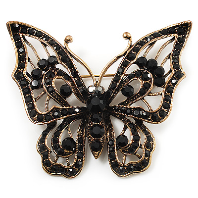 Vintage Black Crystal Butterfly Brooch (Antique Gold) - main view