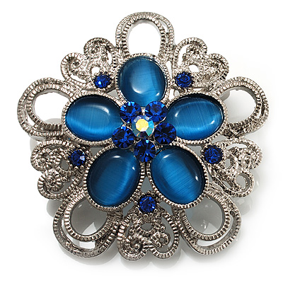 Silver Plated Filigree Blue Crystal Corsage Brooch - main view