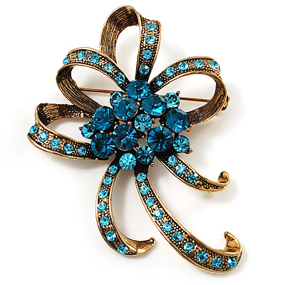 Azure Crystal Bow Corsage Brooch (Gold Tone) - main view