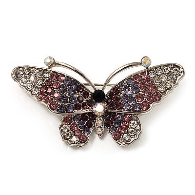 Purple Crystal Butterfly Brooch (Silver Tone)