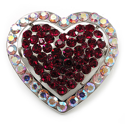 Silver Tone Dazzling Diamante Heart Brooch (Cherry & Iridescent Pink)