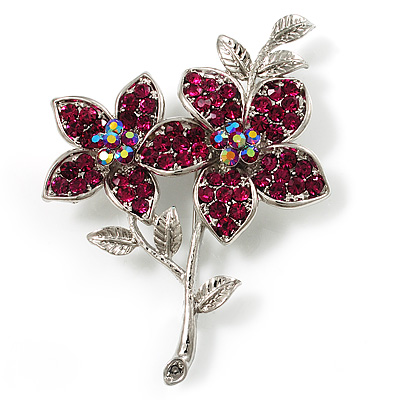 Magenta Swarovski Crystal Flower Brooch (Silver Tone)