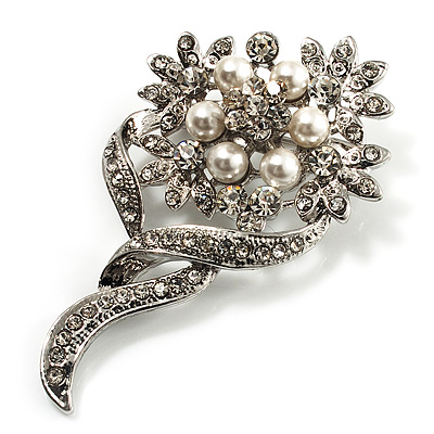 Bridal Snow White Faux Pearl Crystal Floral Brooch (Silver Tone)