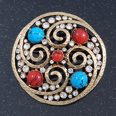 Large Vintage Round Turquoise Stone, Crystal Brooch (Gold Tone) - 67mm Diameter - main view