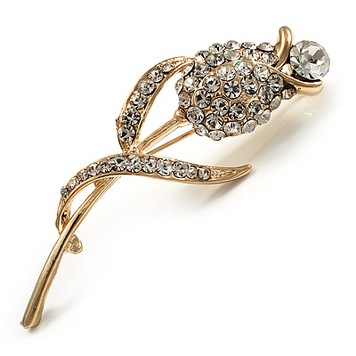 Clear Crystal Rose Brooch (Gold Tone)
