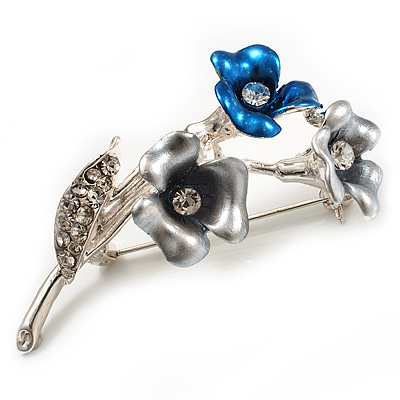 Delicate Enamel Bell-flower Brooch (Grey, Blue & Metallic Silver)