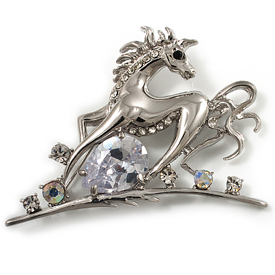 Rhodium Plated Clear CZ Horse Brooch - main view