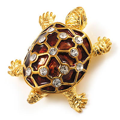 Cute Brown Enamel Crystal Turtle Brooch (Gold Plated) - main view