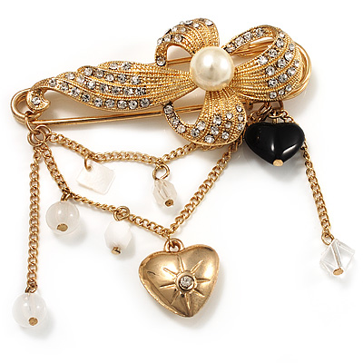 'Simulated Pearl Flower, Heart & Acrylic Bead' Charm Safety Pin Brooch (Gold Tone) - main view