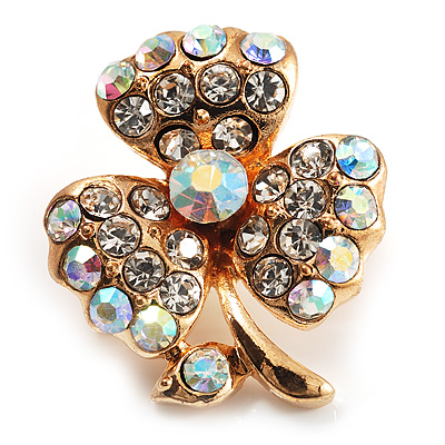Tiny AB Crystal Clover Pin Brooch (Gold Tone) - main view