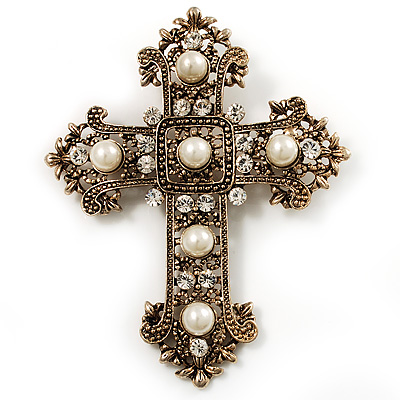 Large Victorian Filigree Imitation Pearl Crystal Cross Brooch (Antique Gold)